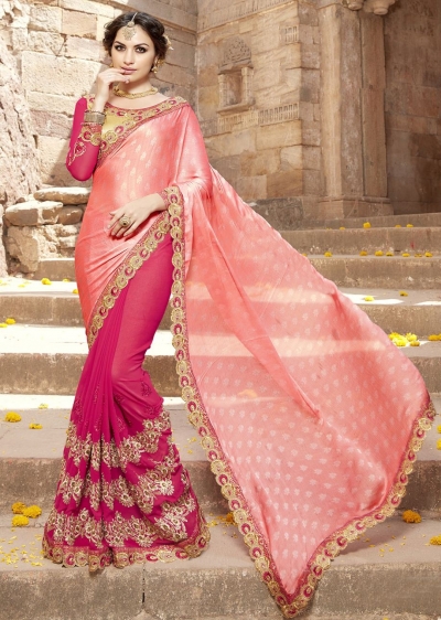 Pink Colored Embroidered Faux Georgette Satin Festive Saree 87093