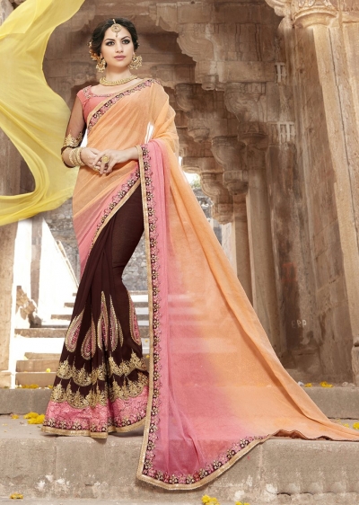 Brown Colored Embroidered Faux Georgette Festive Saree 87095