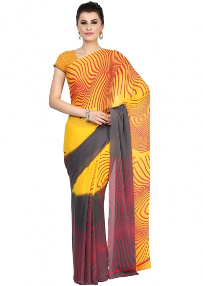 Yellow Colored Printed Faux Georgette Saree 12778B