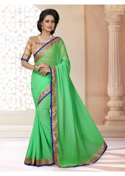Green Colored Border Worked Faux Georgette Saree 4015