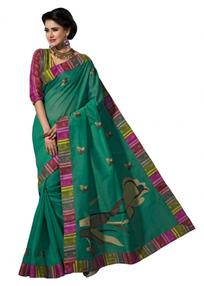 Green Colored Embroidered Blended Cotton Saree 183