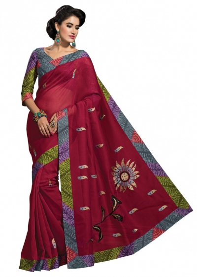 Magenta Colored Embroidered Blended Cotton Saree 186