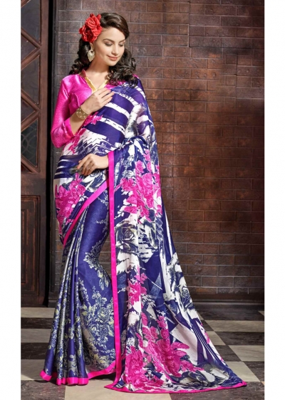 Blue Colored Printed Satin Chiffon Saree 1109