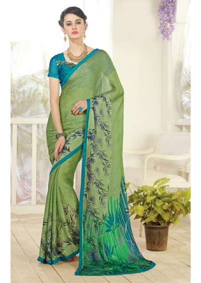 Green Colored Printed Faux Georgette Saree 61010