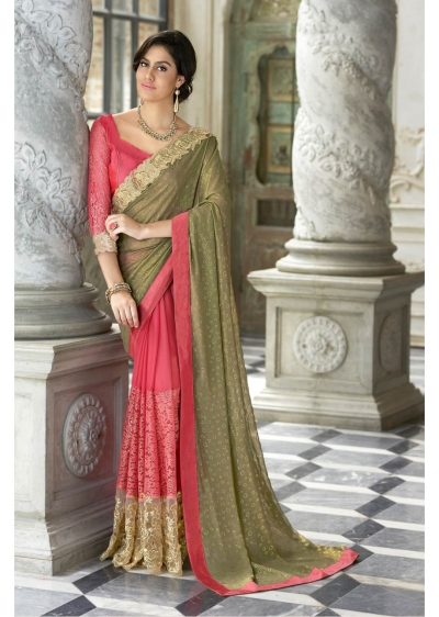 Pink Colored Border Worked Georgette Chiffon Partywear Saree 97054