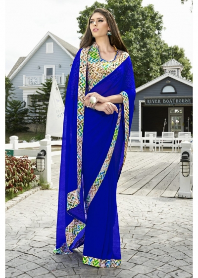 Blue Colored Border Worked Chiffon Saree 1003