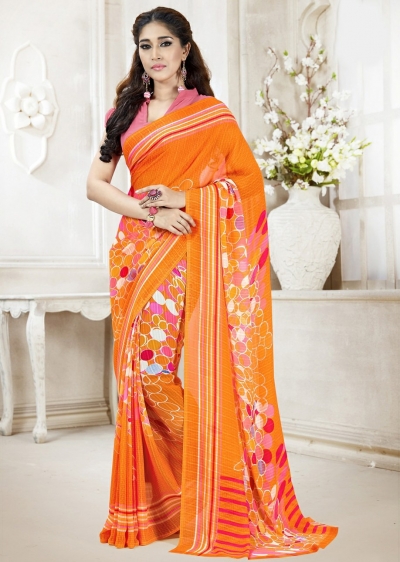 Orange Colored Printed Faux Georgette Saree 102