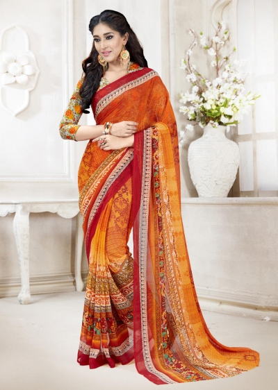 Orange Faux Georgette Traditional Printed Saree 108