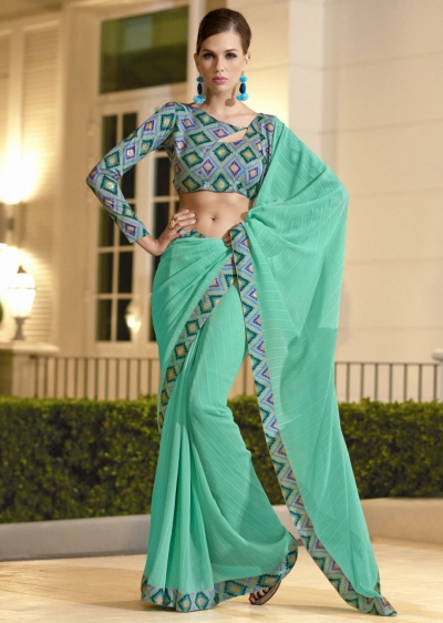 Green Chiffon Border Worked Saree 1014