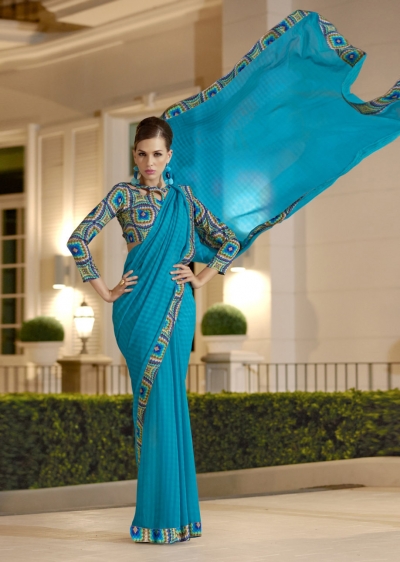 Blue Chiffon Border Worked Saree 1016