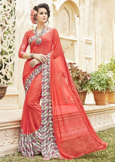 Red Georgette Satin Traditional Printed Saree 588