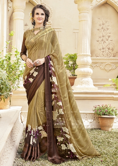 Beige Georgette Satin Traditional Printed Saree 589