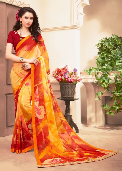 Yellow Colored Printed Faux Georgette Saree 61025