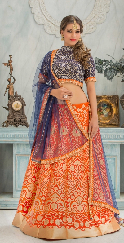 Party Wear Pure Silk Orange Blue Lehenga k102