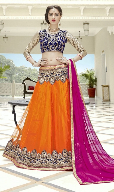 Party Wear Orange Blue Pink Color Lehenga 7216