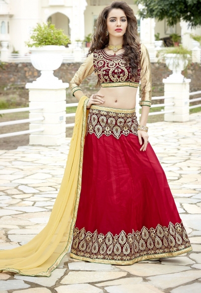 Party Wear Red Maroon Biege Color Lehenga 7218