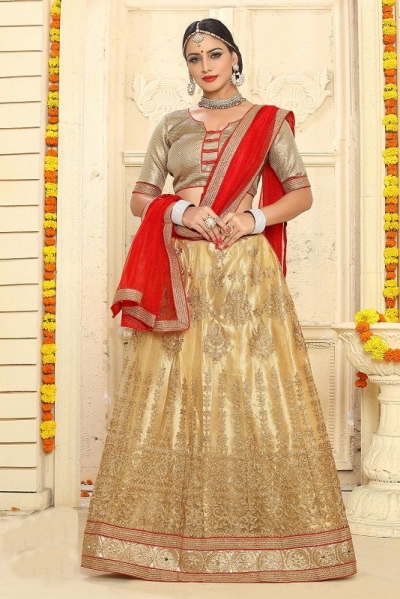 Party Wear Gold Red Lehenga 7332