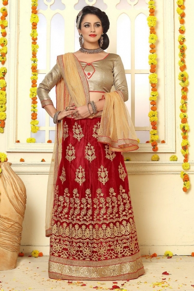 Party Wear Red Biege Lehenga 7338