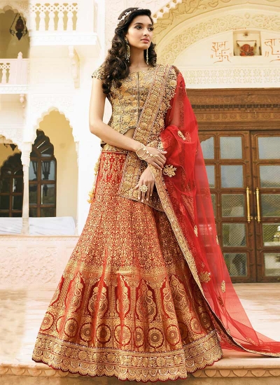 red art dupion silk wedding lehenga 13050