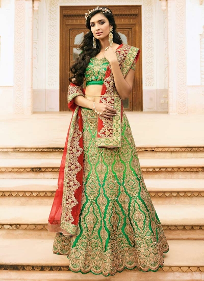 green art dupion silk wedding lehenga 13052