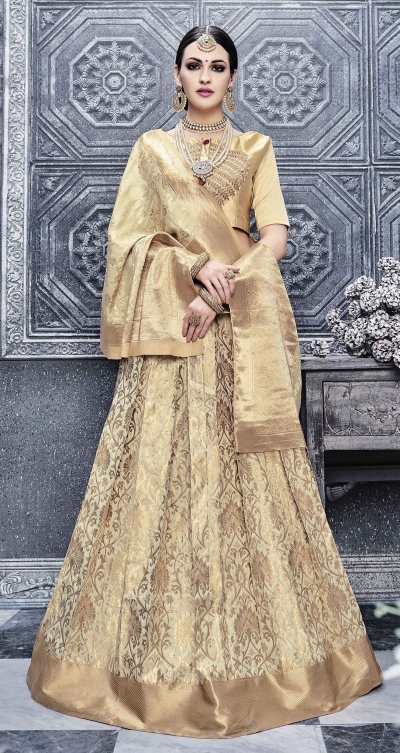 Party Wear Pure banarsi silk Beige Lehenga 25005