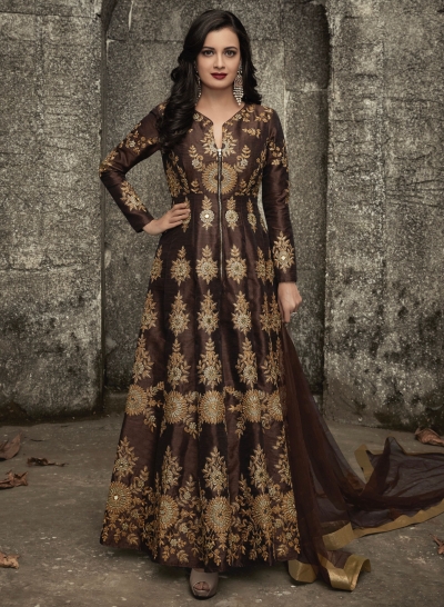 Dia mirza brown mulberry silk party wear anarkali 1004