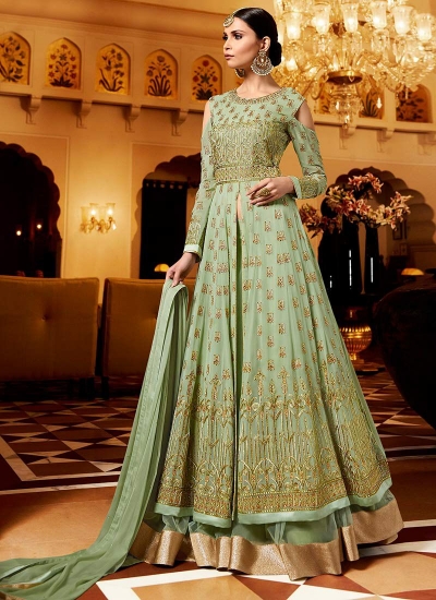 Pista green georgette party wear ghagra lehenga kameez 11005