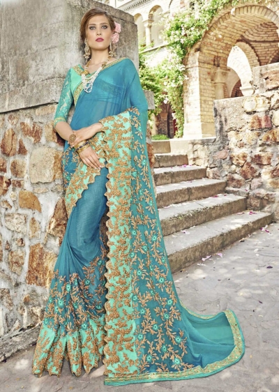 Green Chiffon Embroidered Wedding Saree 4202