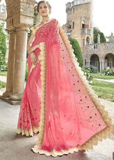 Pink Chiffon Embroidered Wedding Saree 4205