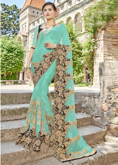SkyBlue Faux Georgette Embroidered Wedding Saree 4209