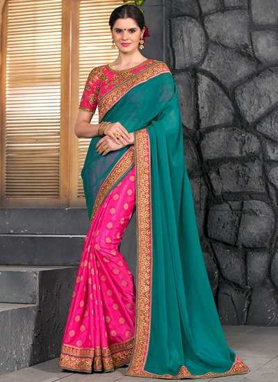 Pink and teal green half and half saree 2012