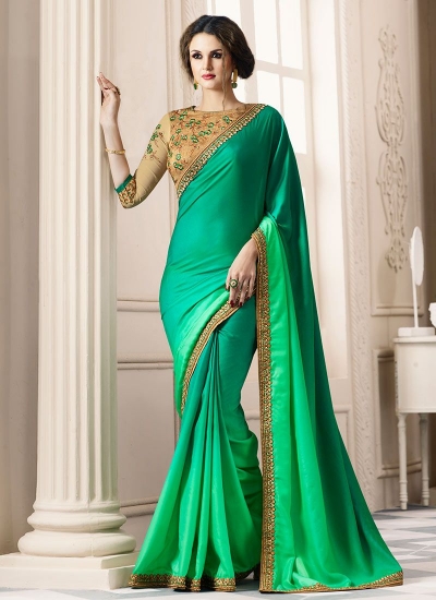 Green satin blend border saree 40001