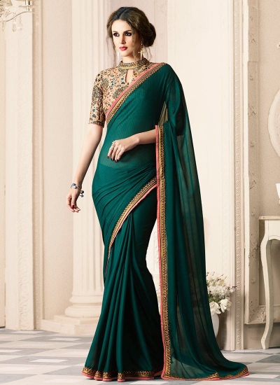 Green satin designer saree 40005