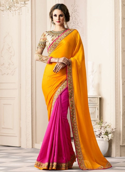 Pink and yellow half and half designer saree 40006