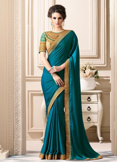 Teal art silk border designer saree 40007