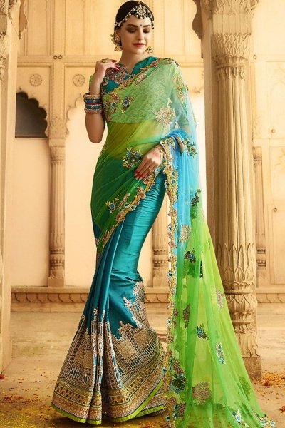kollybollyethnics green blue shaded wedding saree 6004