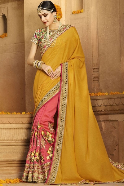 yellow pink wedding sarees 6011