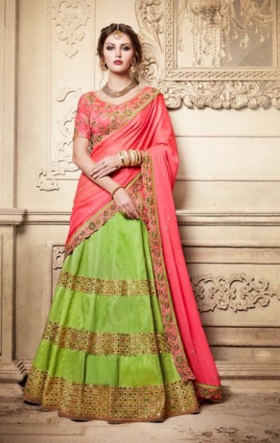 Party Wear Green Peach Lehenga 4086