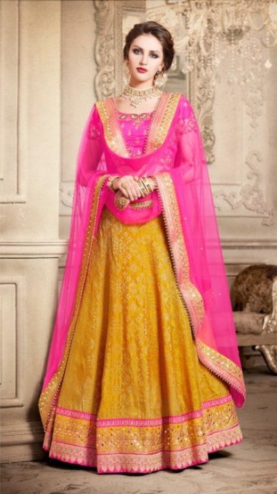 Party Wear Pink Yellow Lehenga 4089