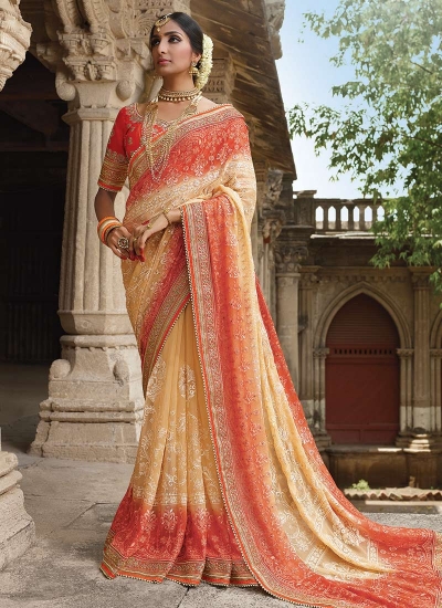 Party wear cream georgette chiffon saree 1952