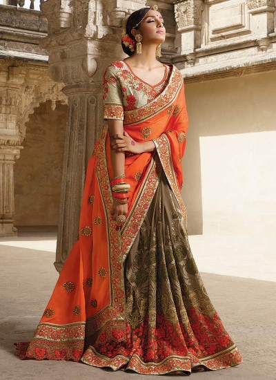 Party wear grey n orange half n half saree 1962