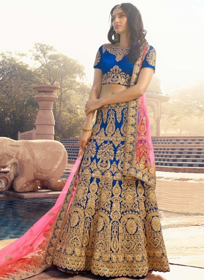 Navy blue color silk wedding lehenga choli