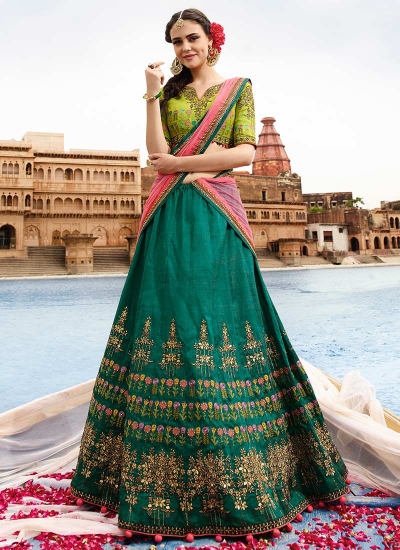 Green art raw silk a line wedding lehenga 506