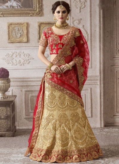 Beige red color satin wedding lehenga 4003