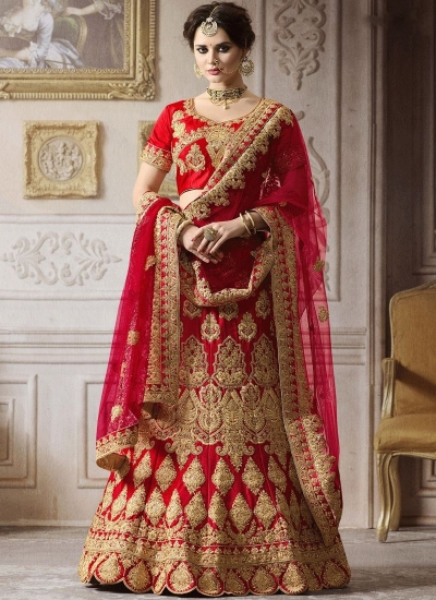 Red satin silk wedding lehenga 4007