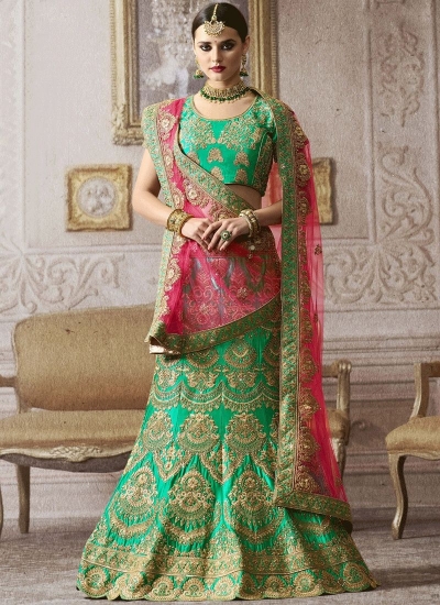 Pista green satin silk wedding lehenga 4009