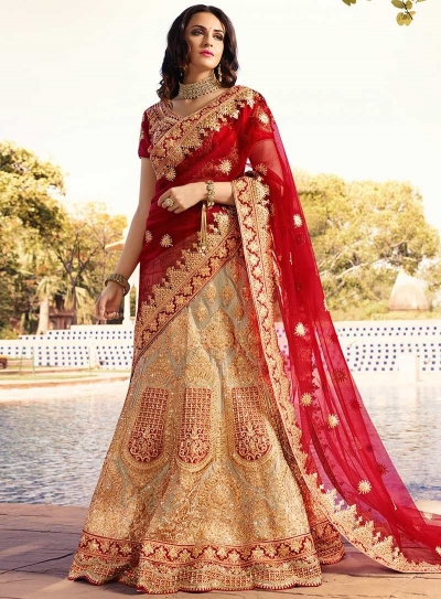 Red beige color silk wedding lehenga 13074