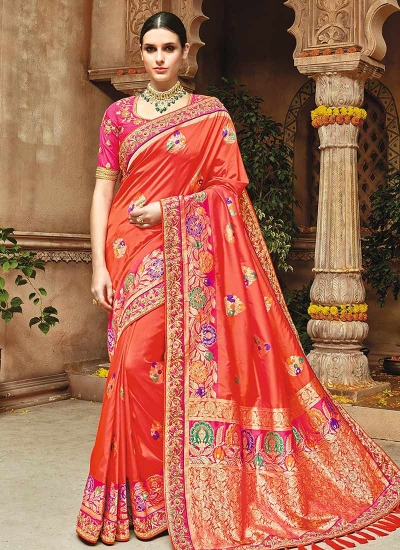 Coral peach pure banarasi silk wedding saree 1205