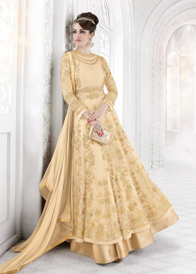 Cream color net party wear anarkali