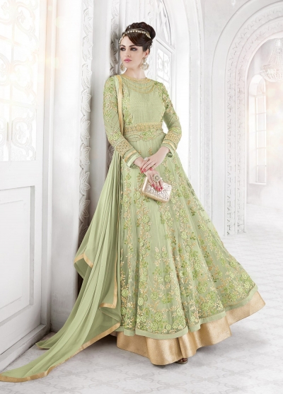 Pista Green color net party wear anarkali